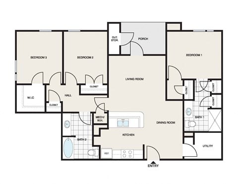 Floor plan for 3 beds, 2 baths, 1208 sqft
